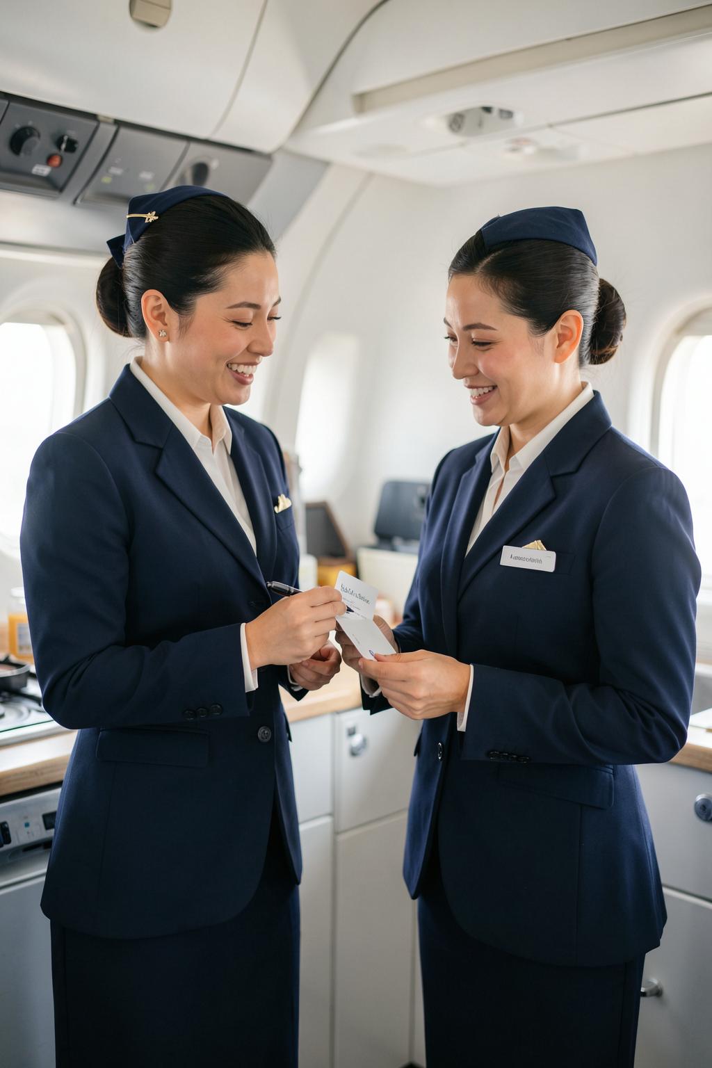 Two flight attendants in navy uniforms, one warmly handing the other a pen and an authorization card
